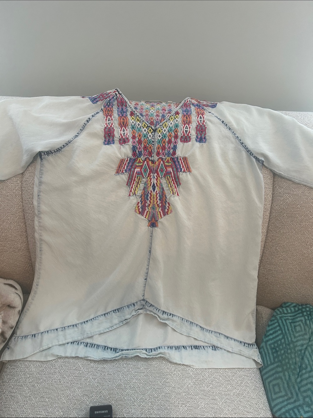 Soft Surroundings chambray Tunic with Multicolor Geometric Embroidery - Picture 2 of 4